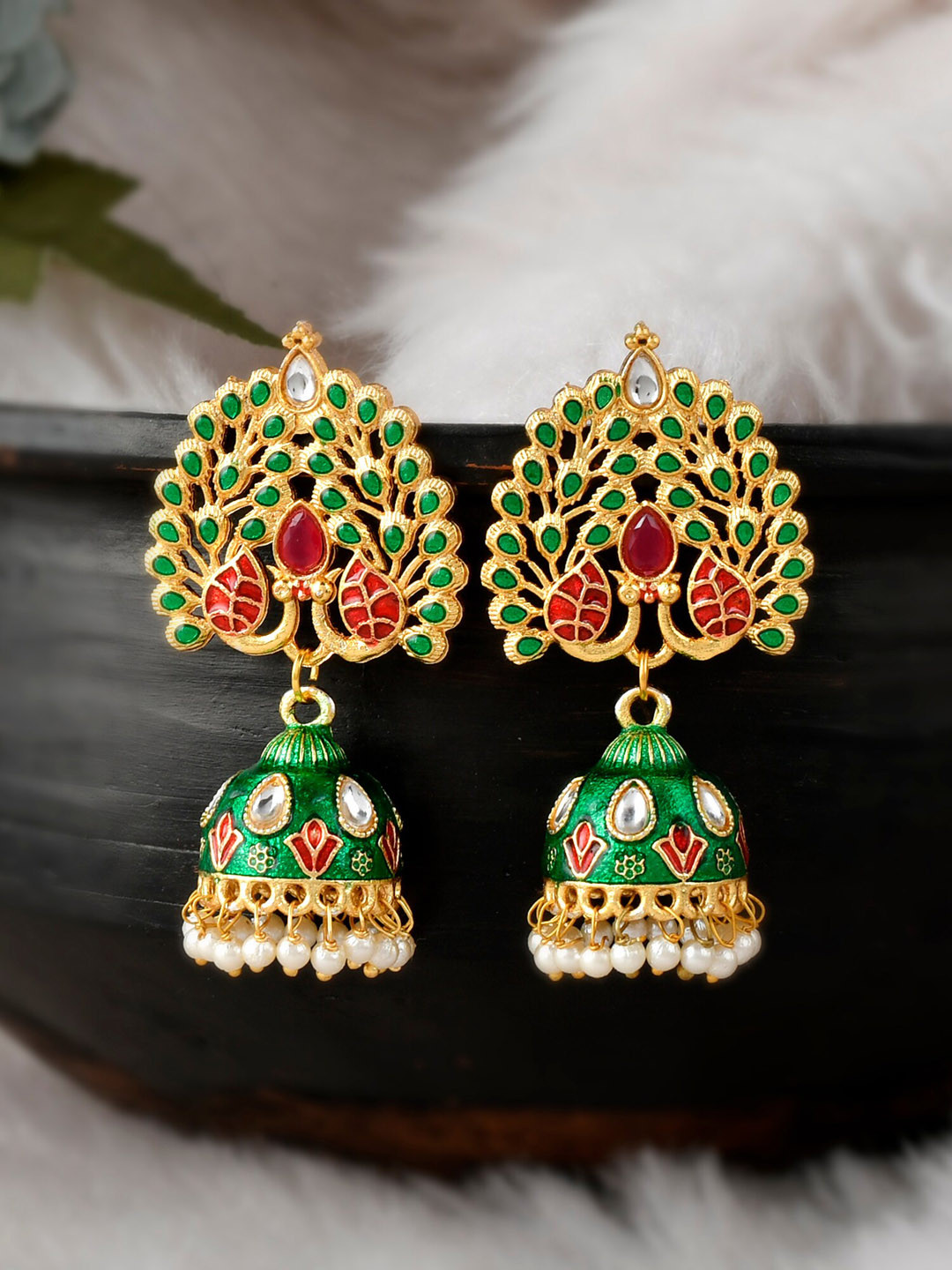 DASTOOR Green & Red Gold-Plated Contemporary Jhumkas Earrings