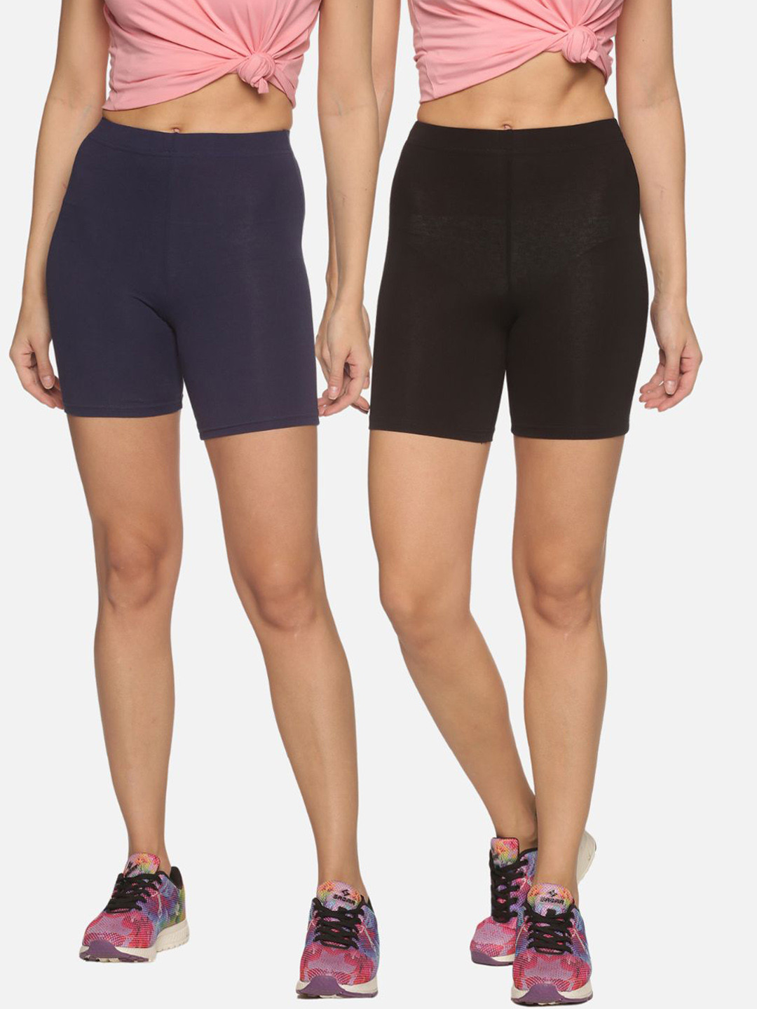 Outflits Women Black Skinny Fit Cycling Sports Shorts Pack of 2
