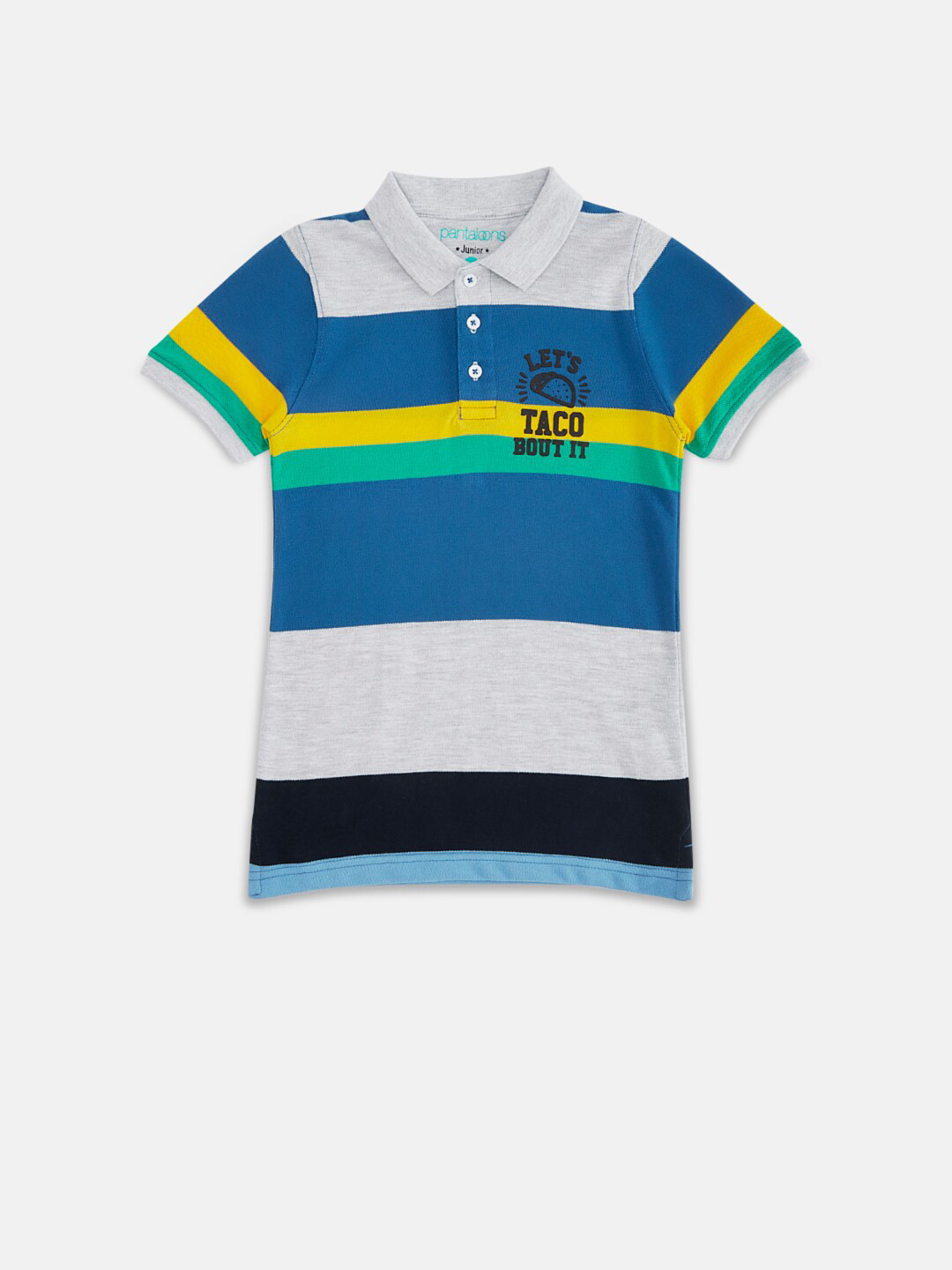 Pantaloons Junior Boys Grey Melange & Blue Striped Polo Collar T-shirt