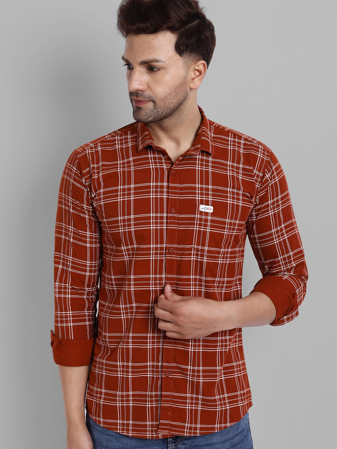 Majestic Man Men Rust Orange Slim Fit Tartan Checked Casual Shirt