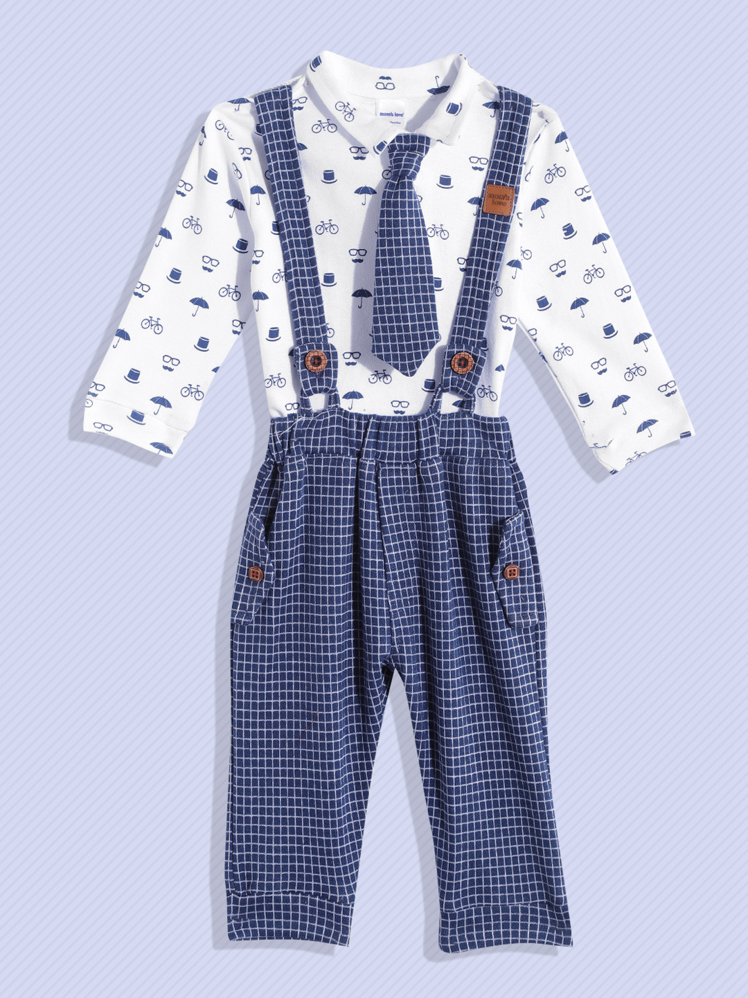 Moms Love Boys Blue & White Pure Cotton Conversational Printed T-shirt with Tie & Shorts