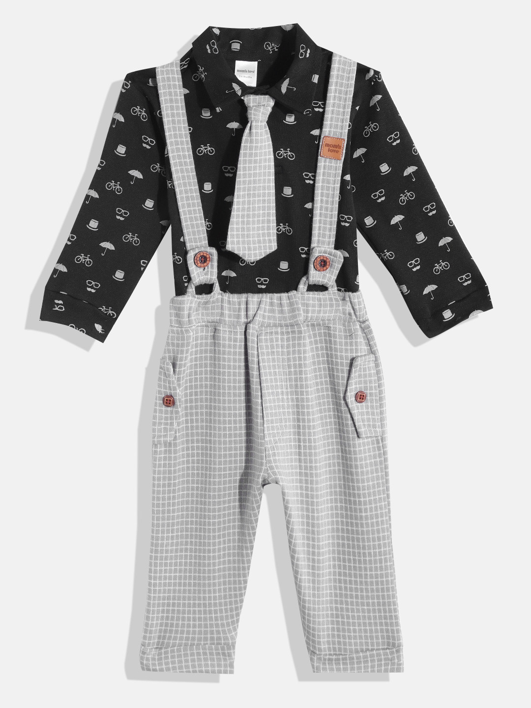 Moms Love Boys Grey & Black Pure Cotton Conversational Printed T-shirt with Tie & Trousers