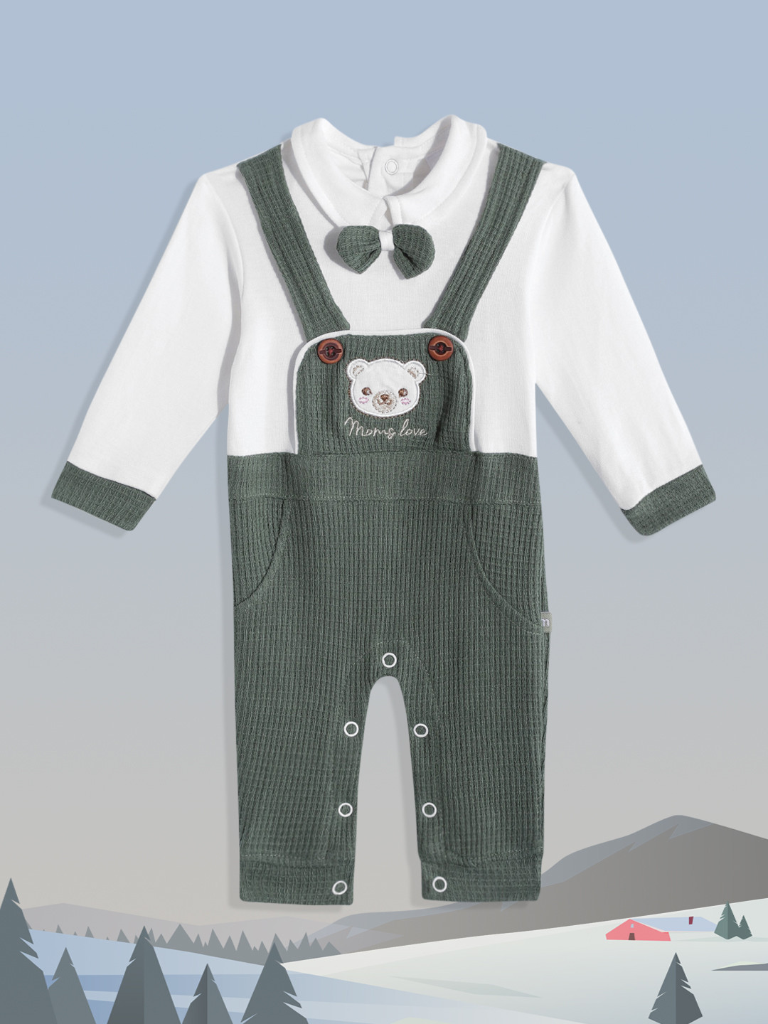 Moms Love Infant Boys Olive Green & White Pure Cotton Rompers with Suspender & Bow
