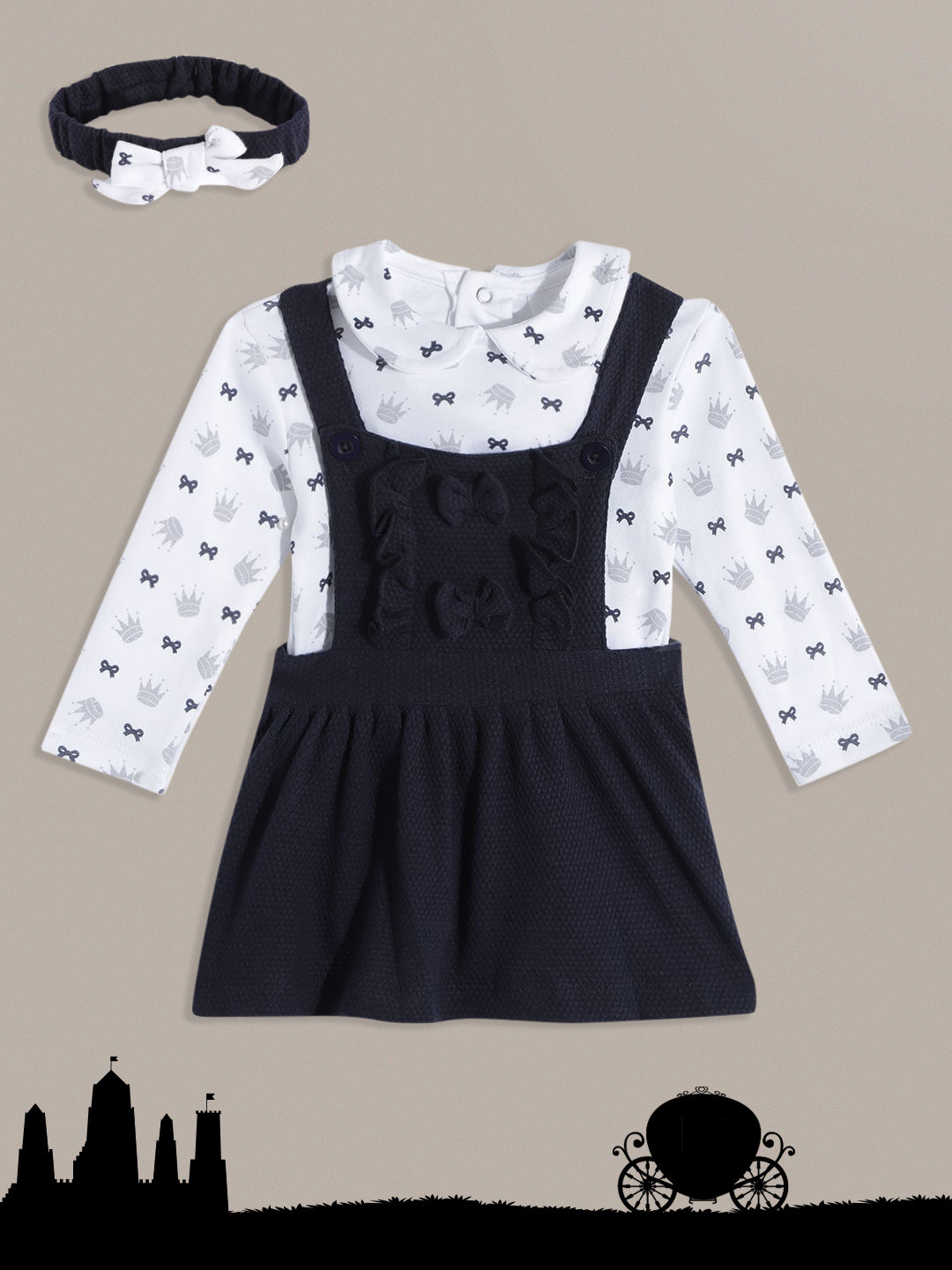 Moms Love Infant Girls Navy Blue & White Cotton Self Design Pinafore Dress Top & Hair Band