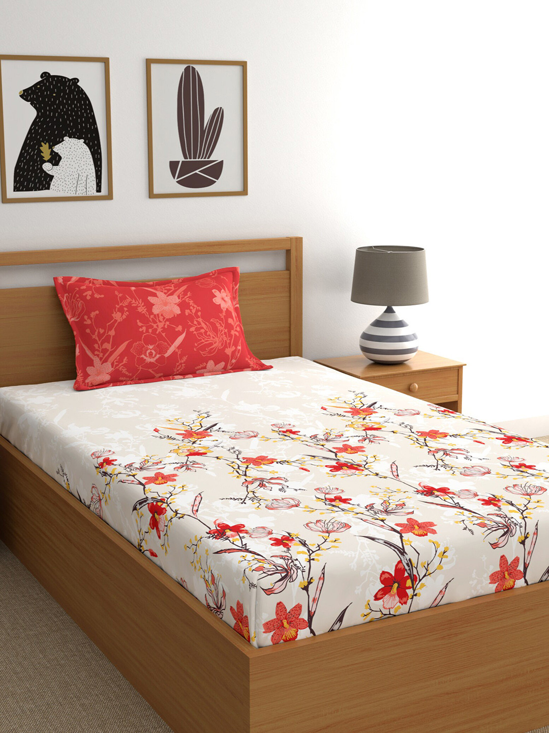 Dreamscape Red Floral Pure Cotton 140 TC Single Bedsheet with a Pillow Cover-60 x 90 inches
