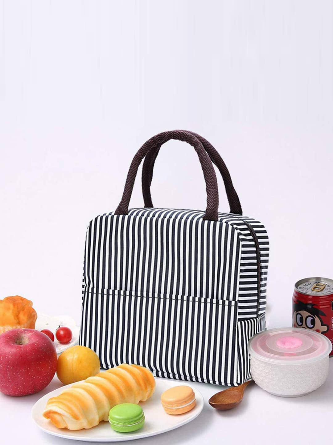 HOUSE OF QUIRK Black & White Striped Insulated Lunch Bag