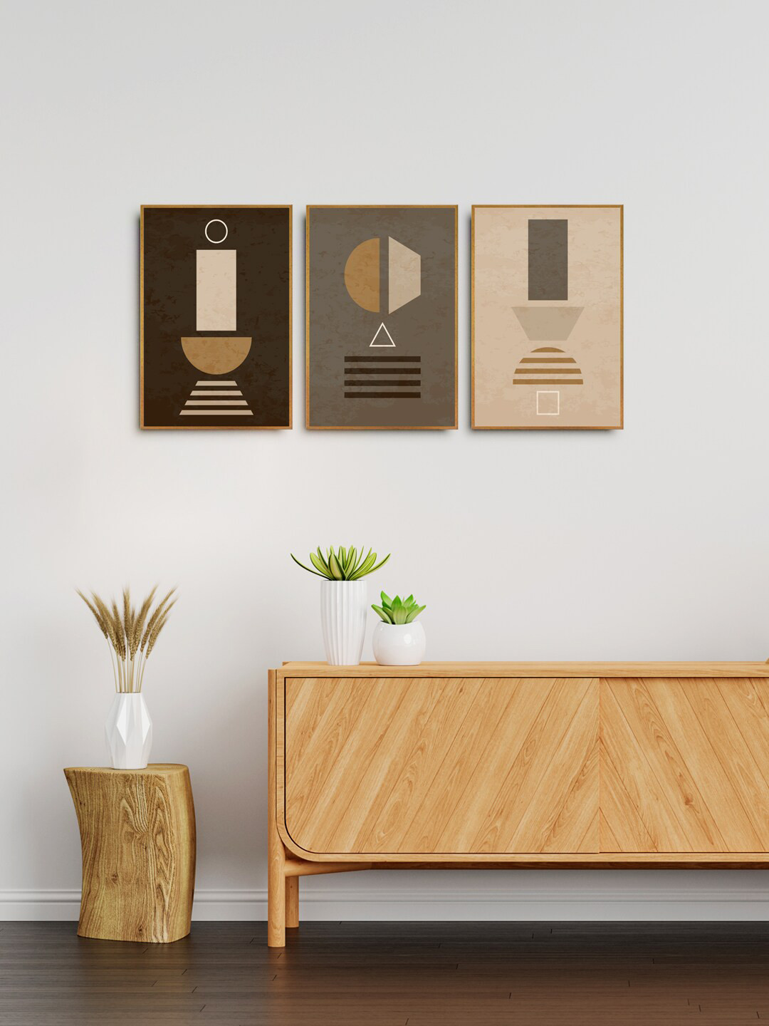 999Store Set Of 3 Brown & Grey Abstract Painting Wall Art