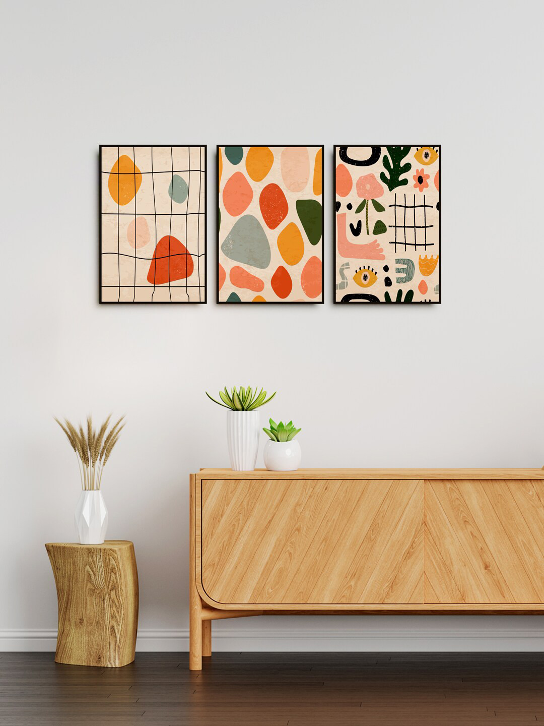 999Store Set Of 3 Green & Beige Colored Abstract Painting Wall Art