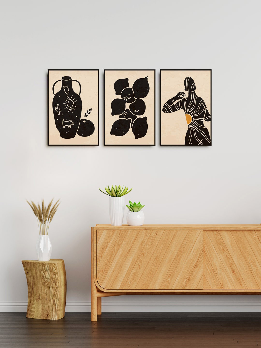 999Store Set Of 3 Cream Abstract Flowers Painting Wall Art