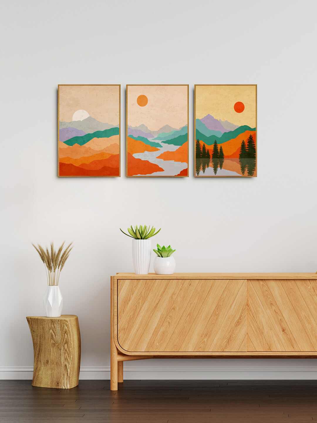999Store Set Of 3 Orange & Beige Colored Landscape Painting Wall Art