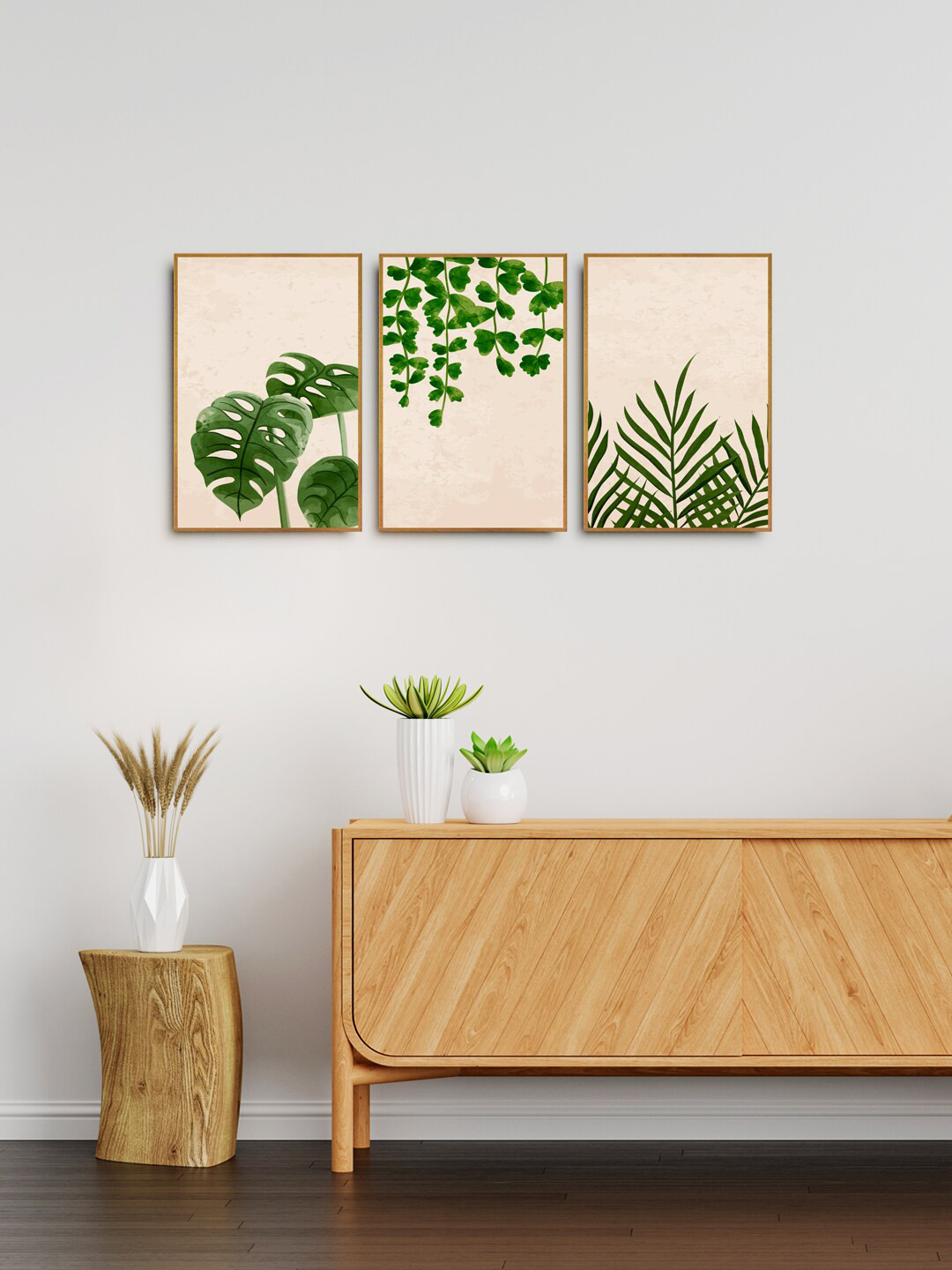 999Store Set of 3 Brown & Pink Printed Tropical Leaf  Wall Art