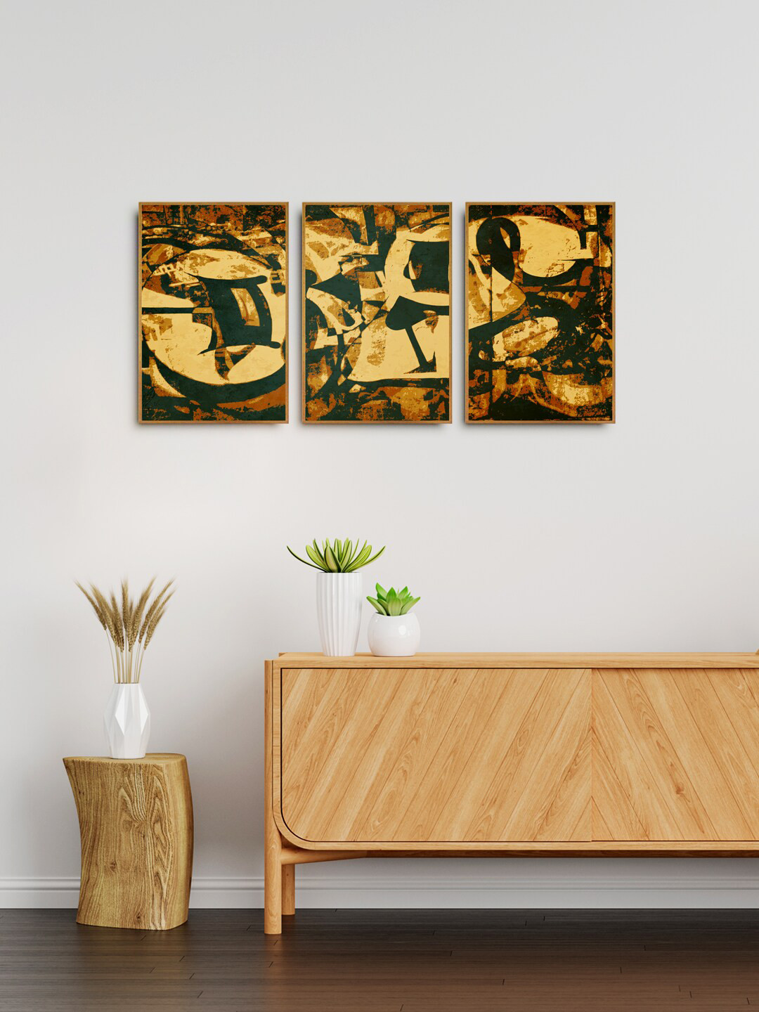 999Store Set of 3 Yellow & Black Printed Abstract Wall Art