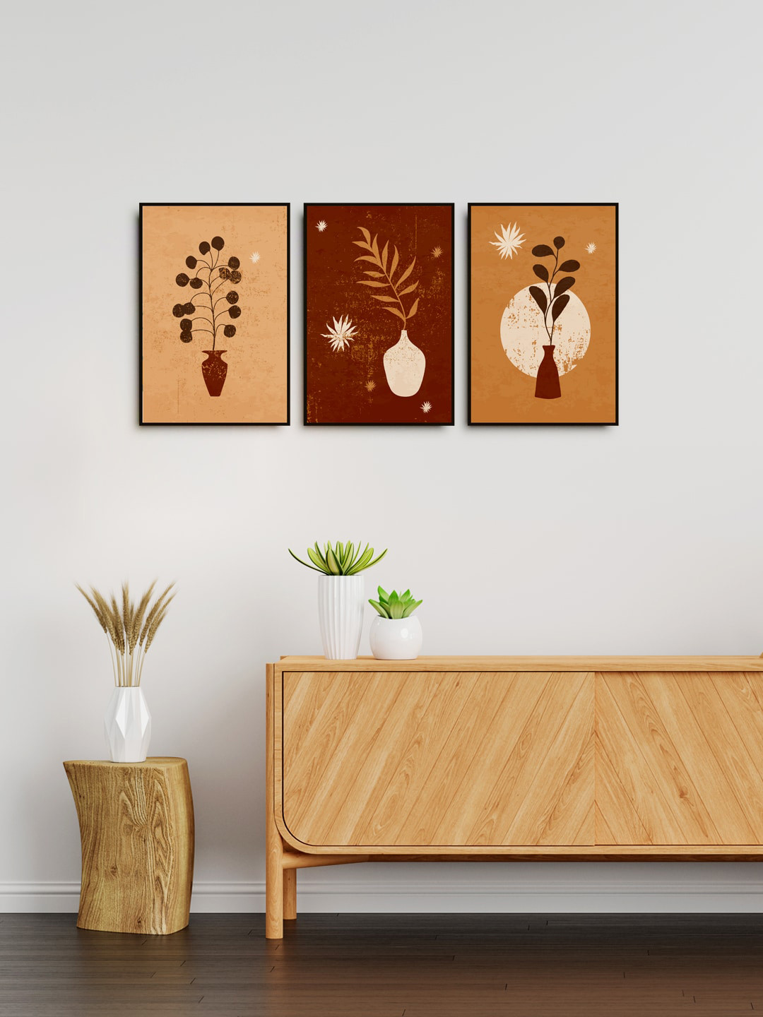 999Store Set of 3 Brown & Beige Printed Boho Triptych Abstract Botanical Leaf Wall Art