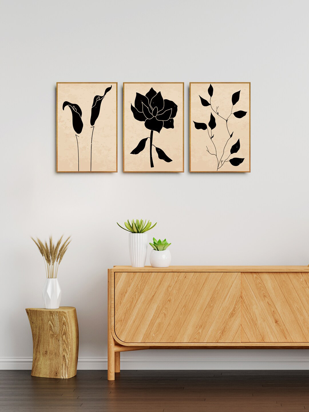999Store Leaves With Black Flower Canvas 3 Pcs Rectangle Paintings Wall Art -18 x 12In