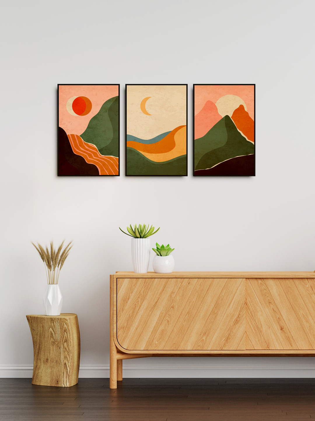 999Store Set Of 3 Peach Coloured & Green Mountain River Sun & Moon painting Wall Art