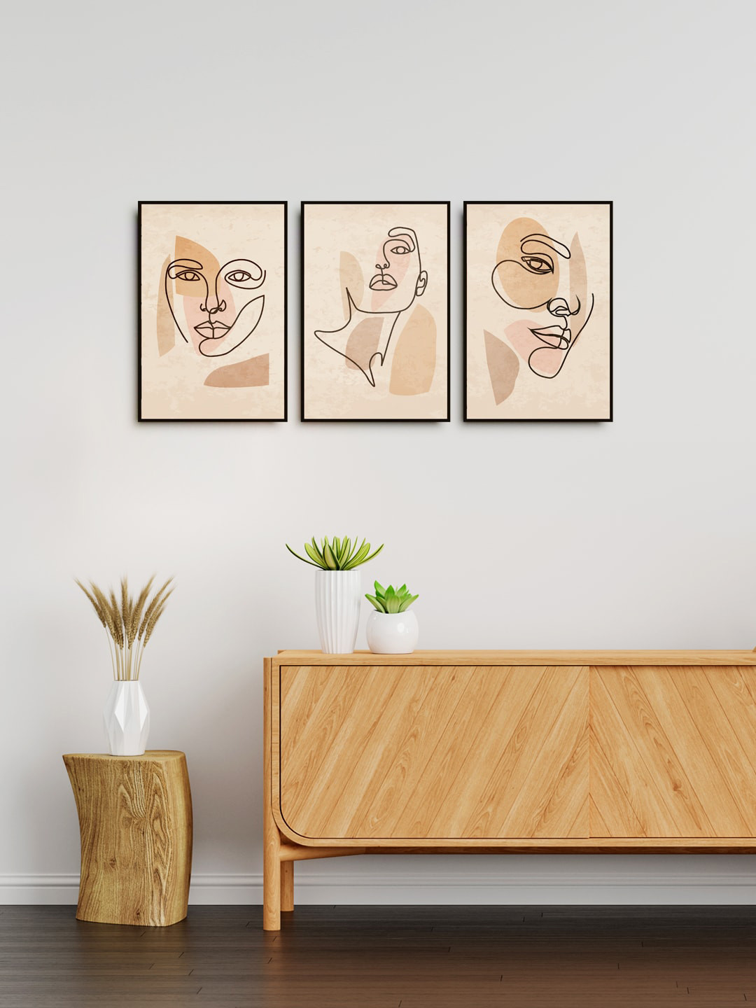 999Store Set Of 3 Cream-Colored & Black Printed Boho Women Faces Art Framed Wall Painting