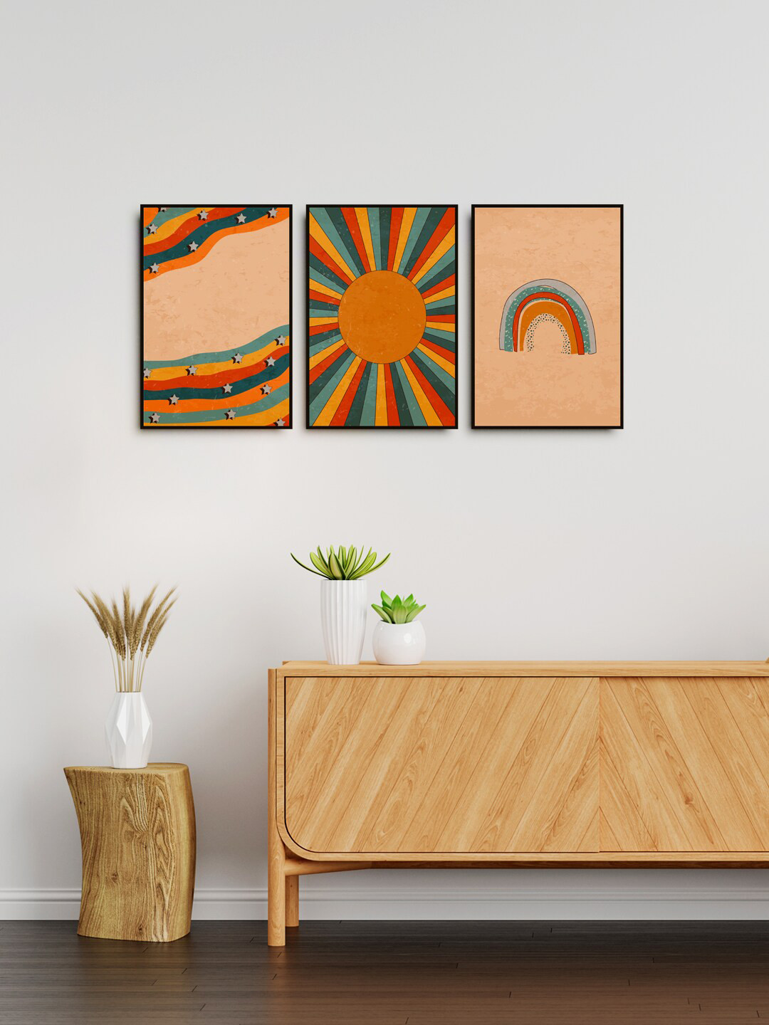 999Store Sun light, stars, boho Canvas 3 Piece Rectangle Paintings Wall Art -12 x 18 In