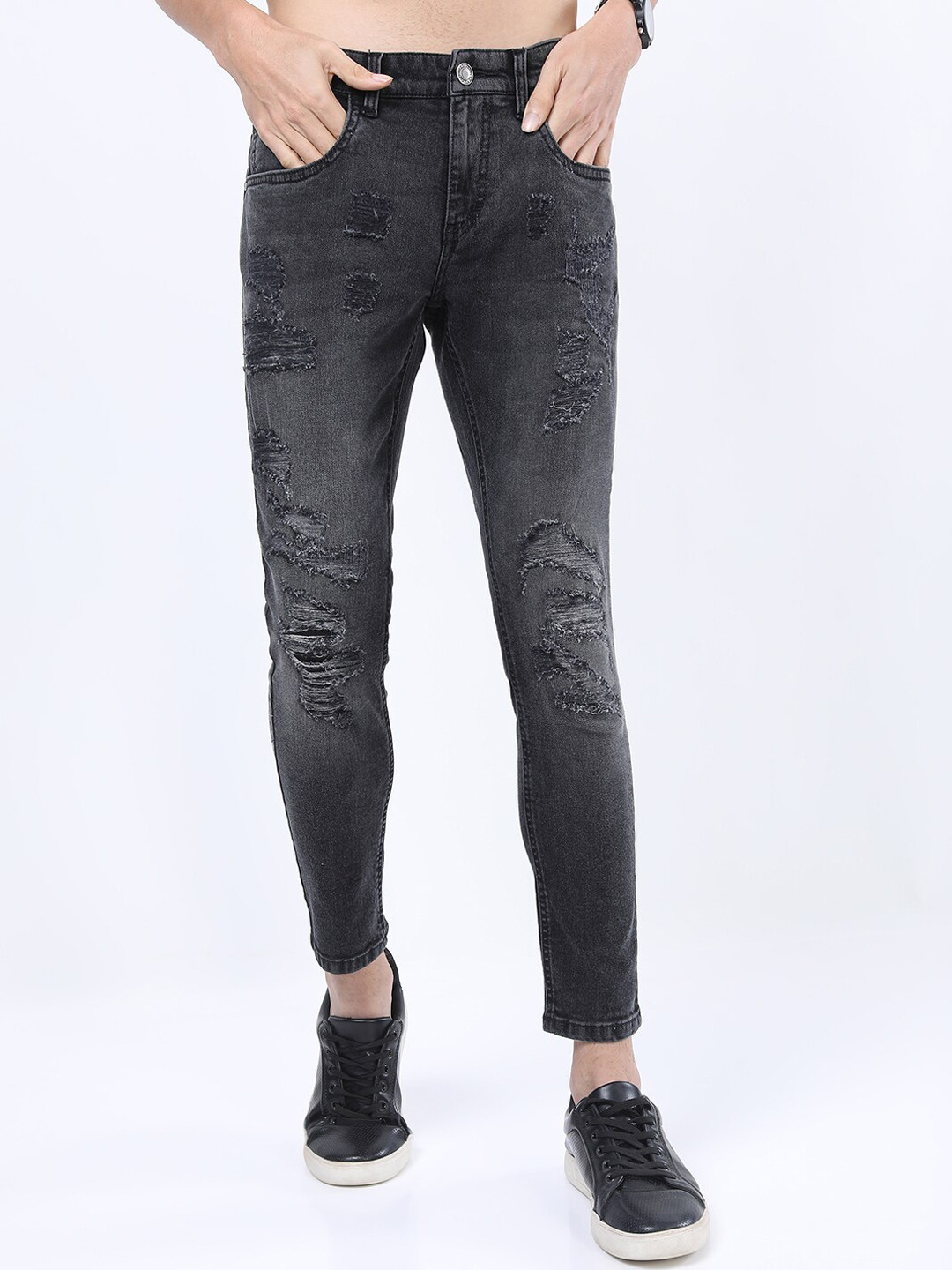 Highlander Men Charcoal Tapered Fit Highly Distressed Stretchable Jeans