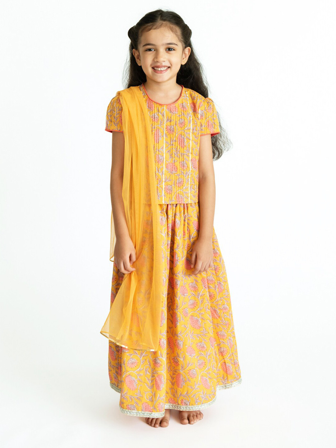 Campana Girls Yellow & Grey Printed Ready to Wear Lehenga & Blouse With Dupatta