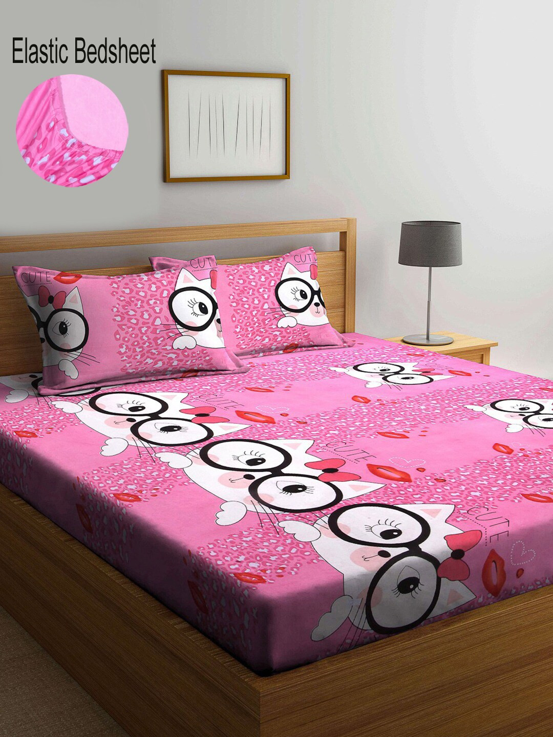 KLOTTHE Unisex Cartoon Characters Pink 300 TC Fitted Double Bedsheet with 2 Pillow covers