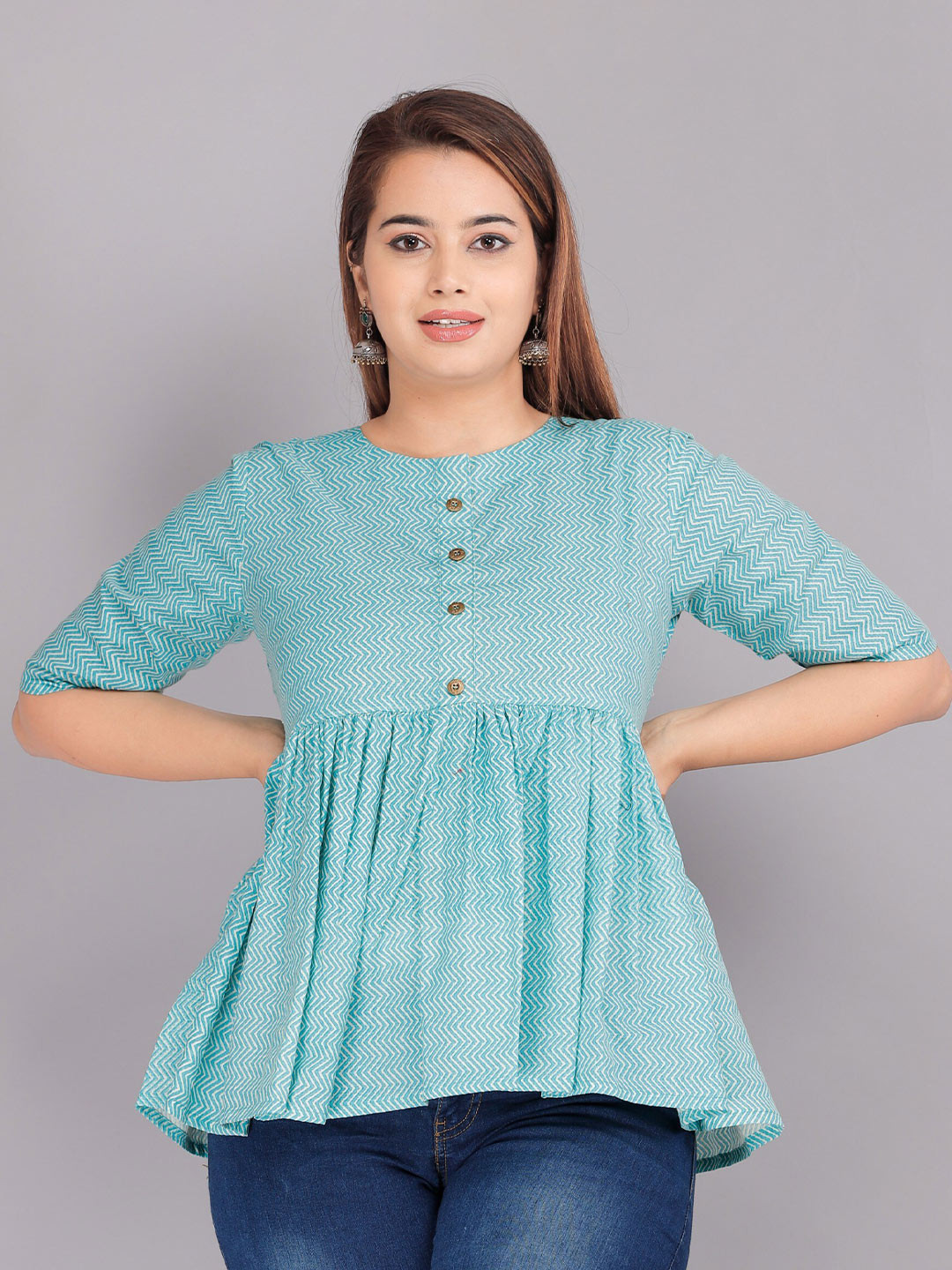 KALINI Women Blue Geometric Printed Peplum Top