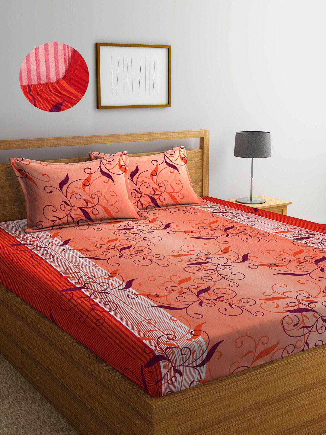 Arrabi Orange Leaf Cotton 300 TC Fitted King Fine Bedsheet with 2 Pillow Covers-250 x 220 cm