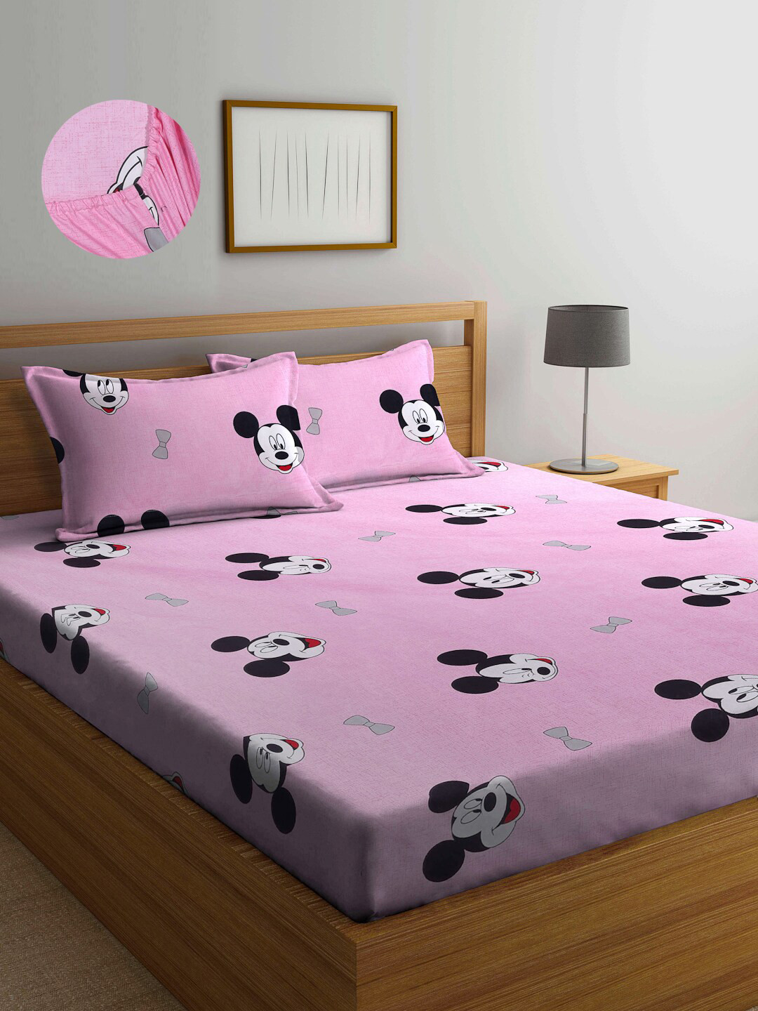 Arrabi Pink Cartoon Characters Polycotton 300 TC Fitted King Fine Bedsheet with 2 Pillow Covers-98 x 87 inches