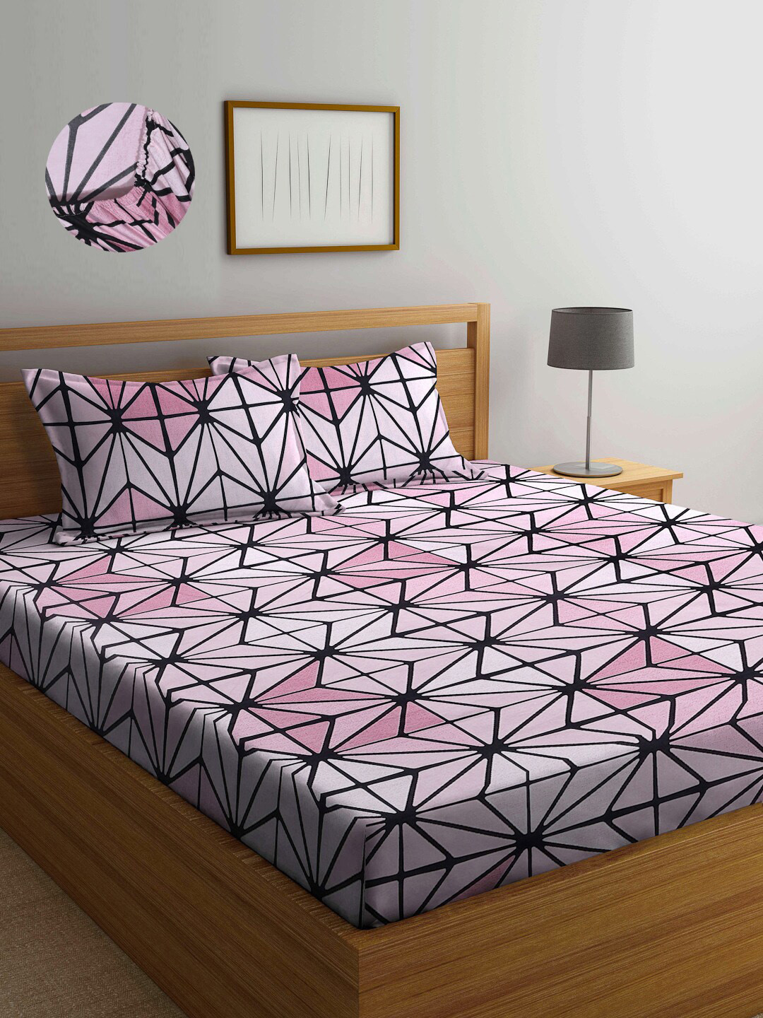 Arrabi Jaipuri Pink Graphic Cotton 300 TC Fitted King Fine Bedsheet with 2 Pillow Covers-260 x 260 cm