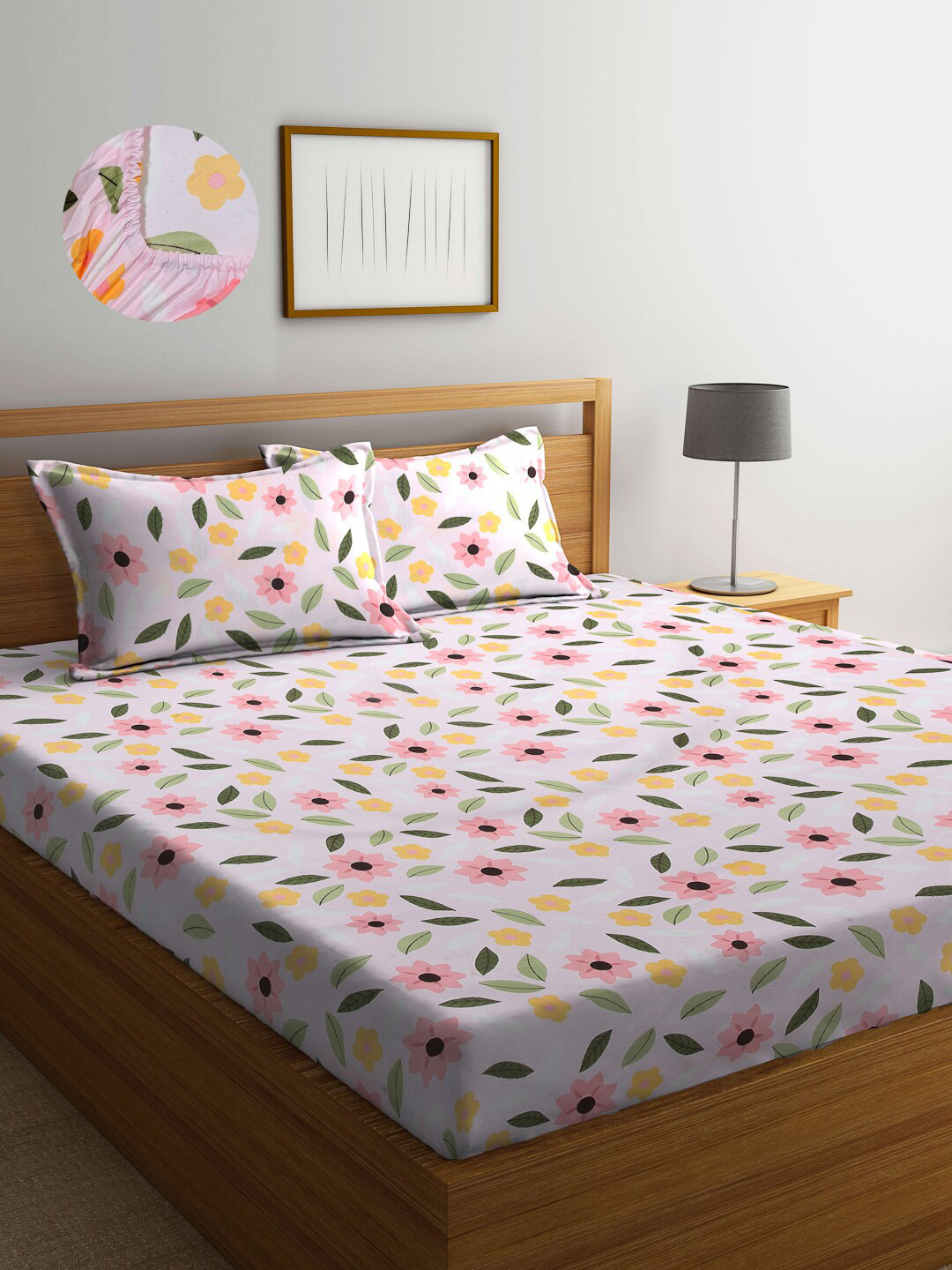 Arrabi Utsav 1 Pink Floral Polycotton 300 TC Fitted King Fine Bedsheet with 2 Pillow Covers-98 x 85 inches