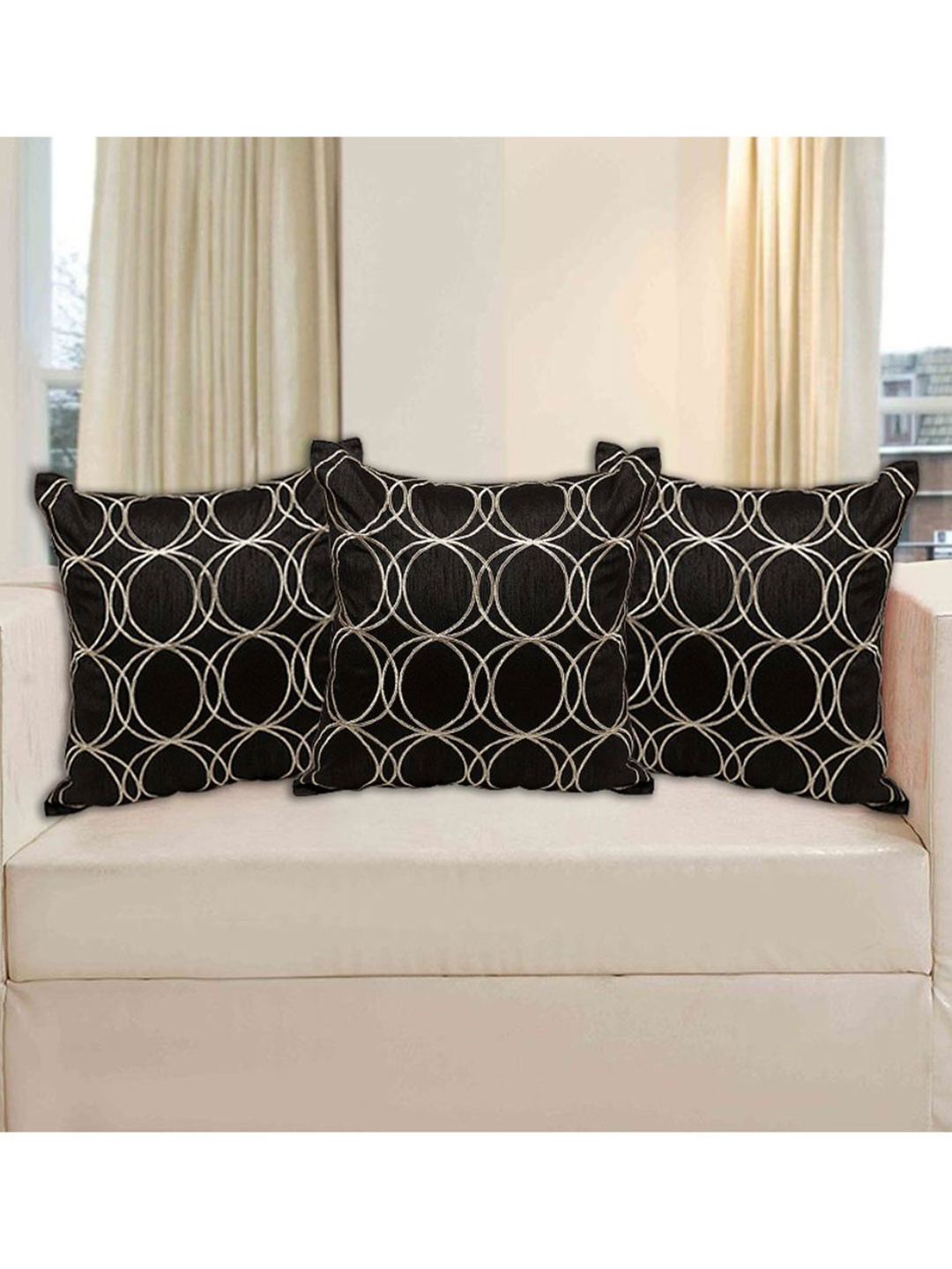 INDHOME LIFE Black Silk Durable 3 Piece Embroidered Square Cushion Covers -16x16In