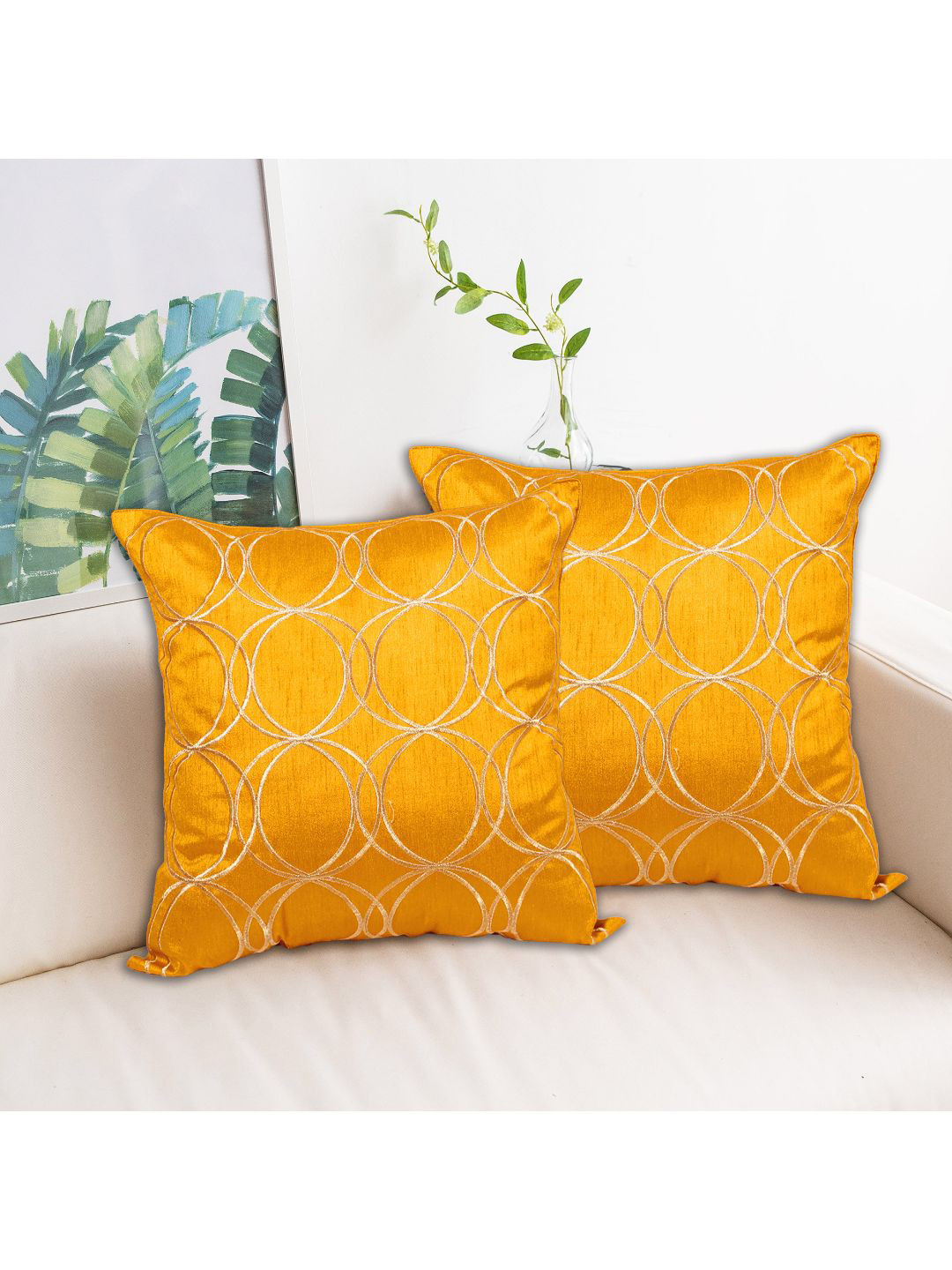 INDHOME LIFE Gold-Toned Set of 2 Embroidered Square Cushion Covers
