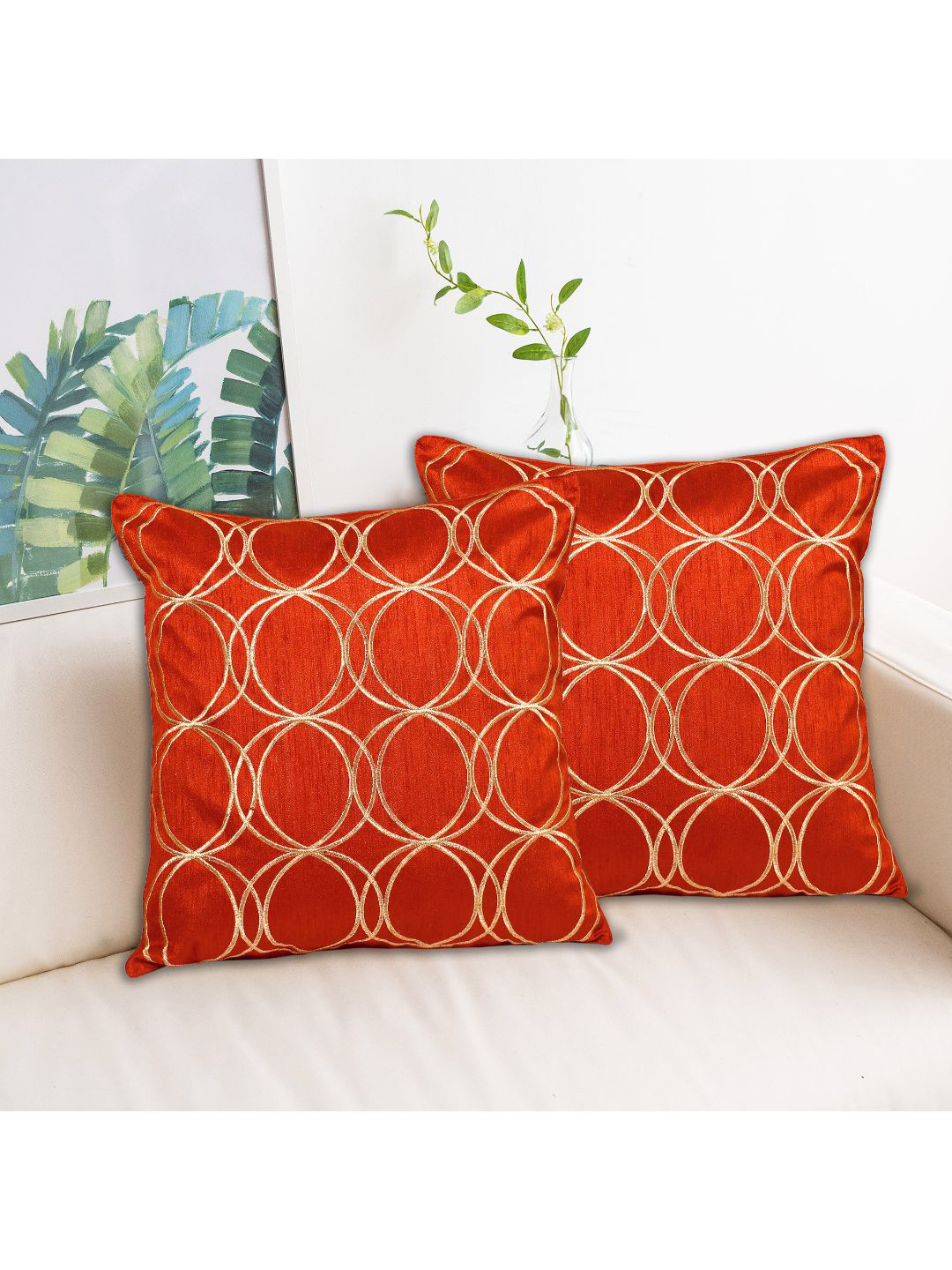 INDHOME LIFE Red Silk Ultra Soft 2 Piece Embroidered Square Cushion Covers -16x16In