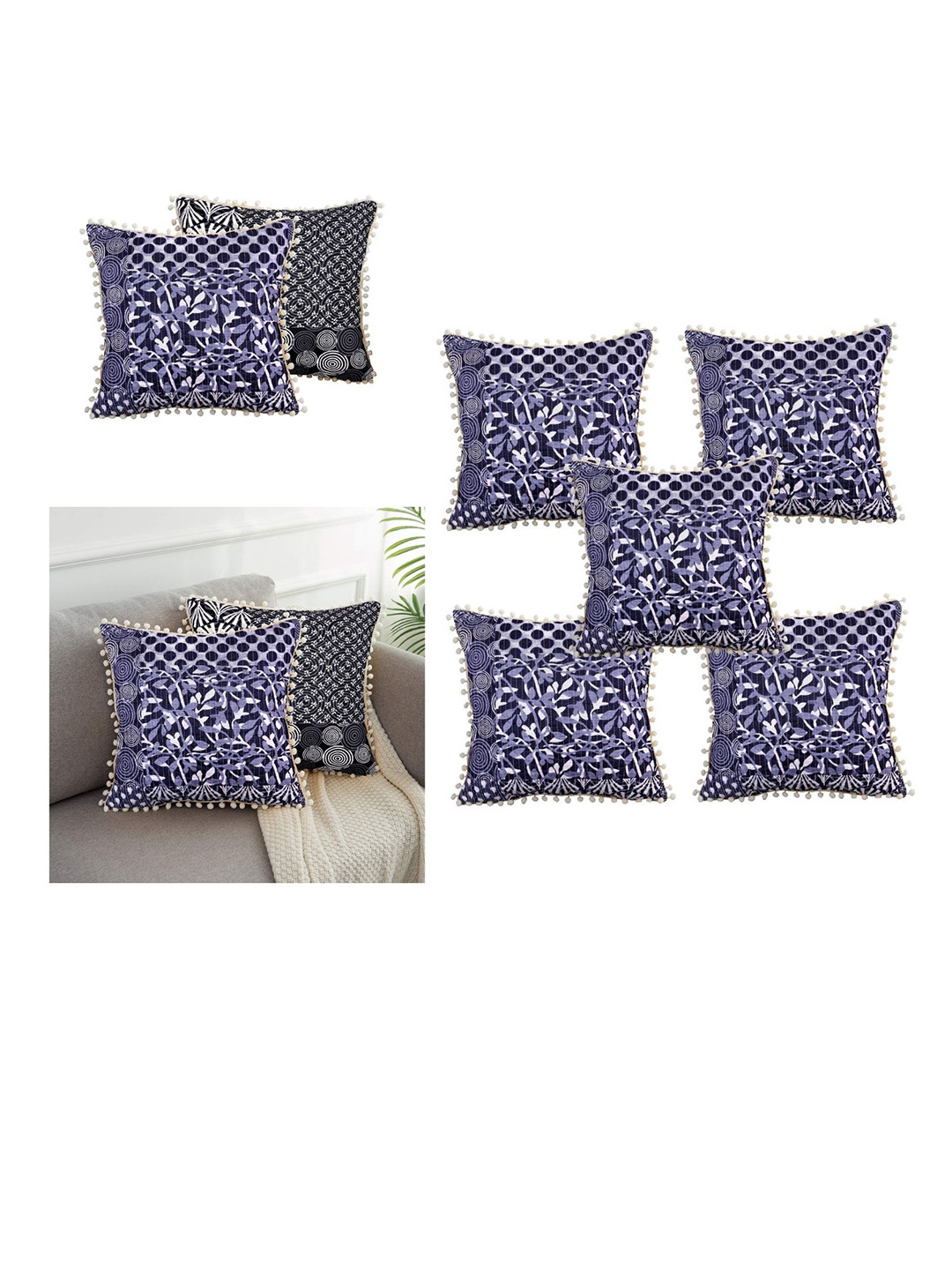 INDHOME LIFE Navy Blue Silk Durable 2 Piece Embroidered Square Cushion Covers -16x16In
