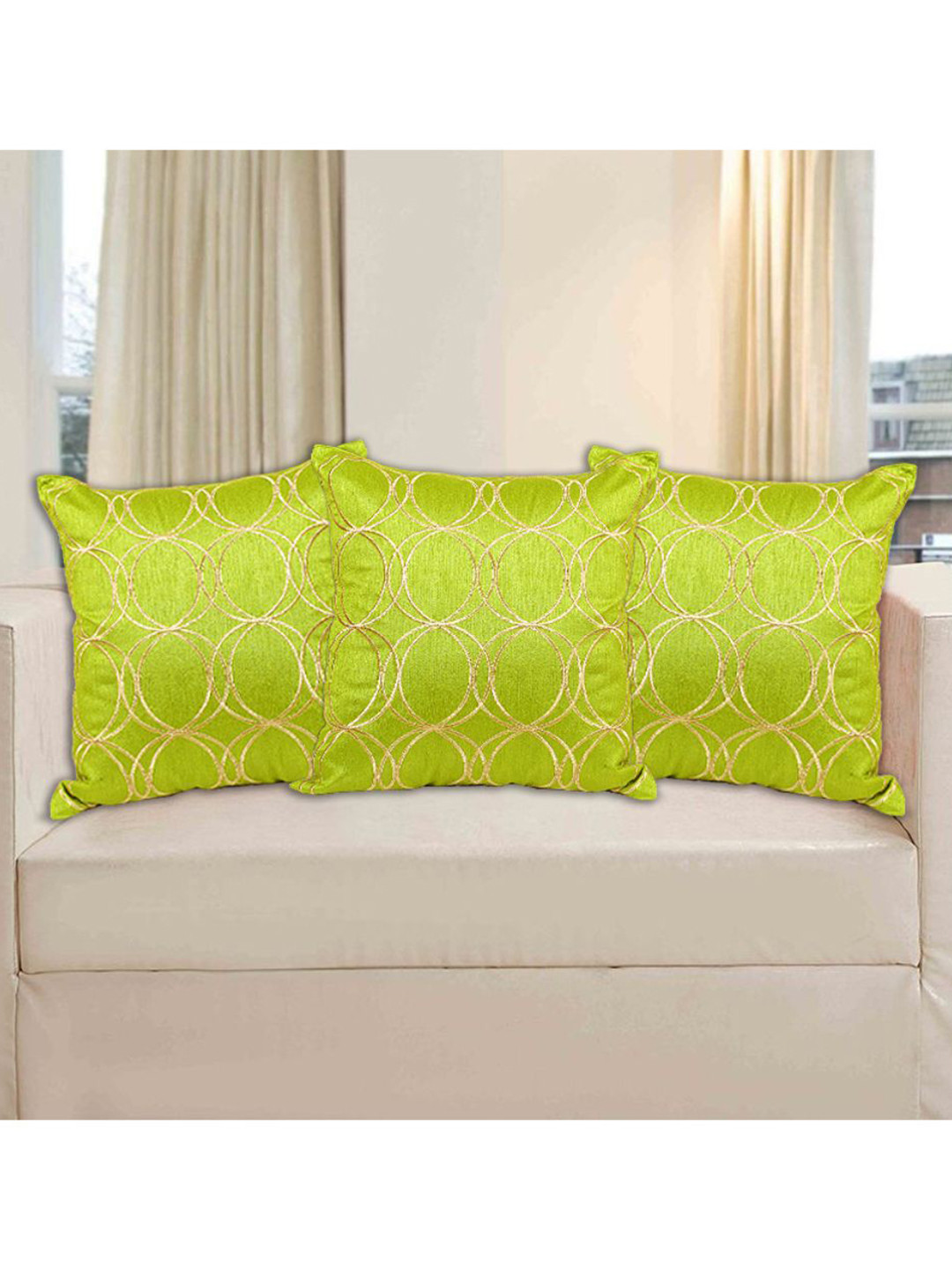 INDHOME LIFE Green Embroidered Silk Washable 3 Pcs Square Cushion Covers - 16 x 16 In