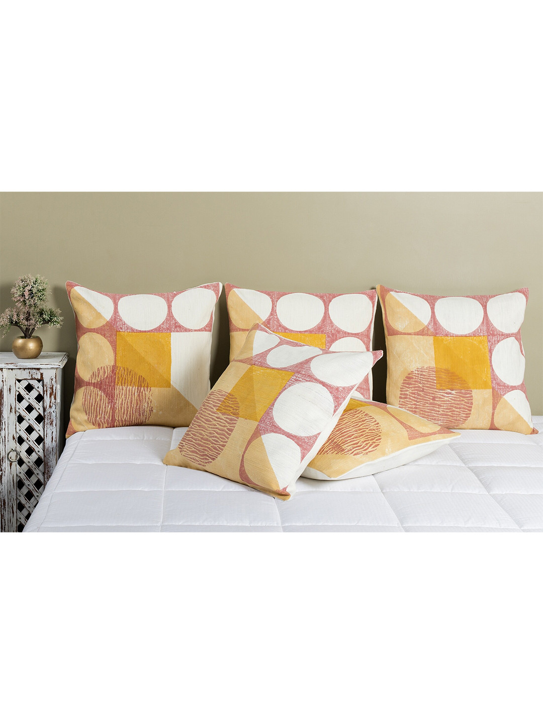 HANDICRAFT PALACE Set of 2 White & Mustard Geometric Square Cushion Covers