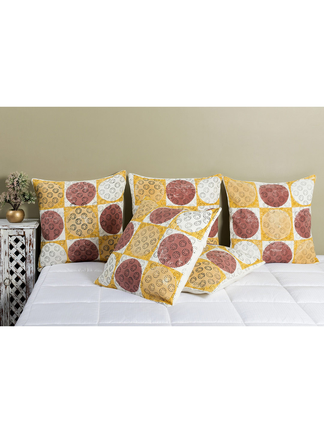 HANDICRAFT PALACE Hand Block Boho Polka Conversational Cotton 5 Pcs Cushion Covers - 15.7 x 15.7 In