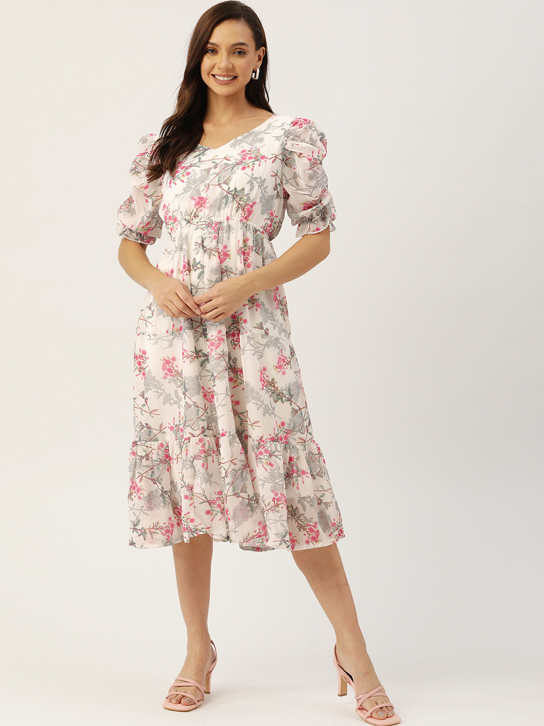 WISSTLER White & Pink Floral Georgette Midi Dress