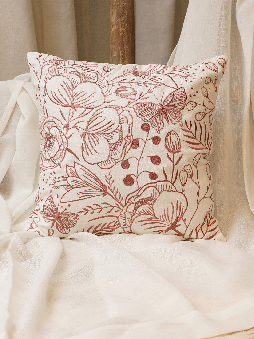 ZEBA White & Brown Floral Square Cushion Covers