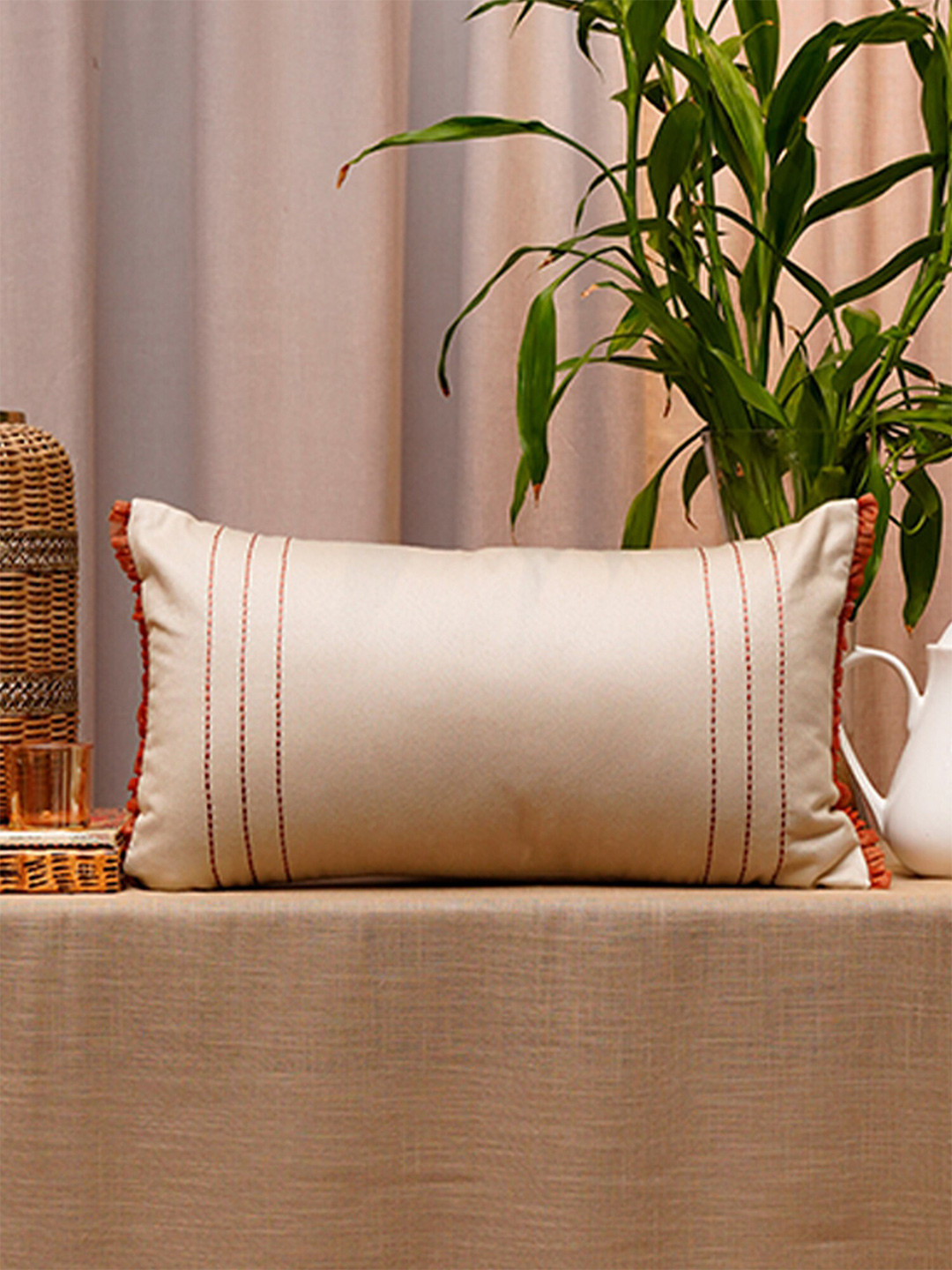 ZEBA Beige Embroidered Striped Rectangle Cushion Cover