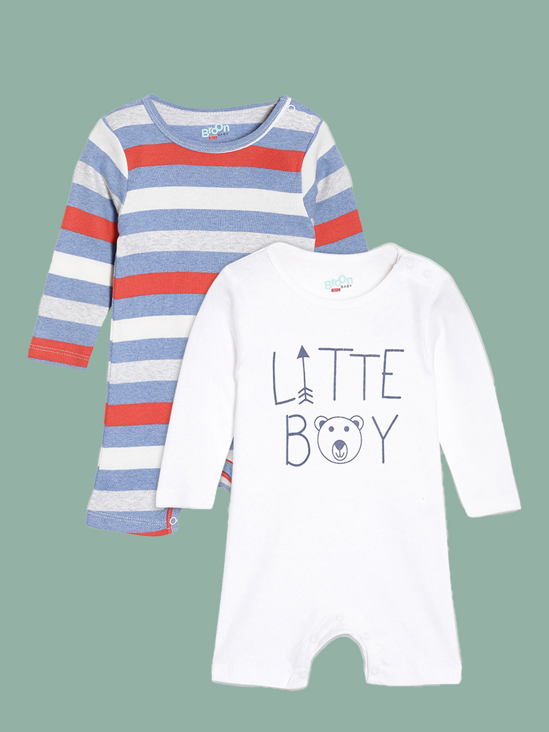 Broon Infant Boys Blue Striped and White Printed Pure Organic Cotton Rompers