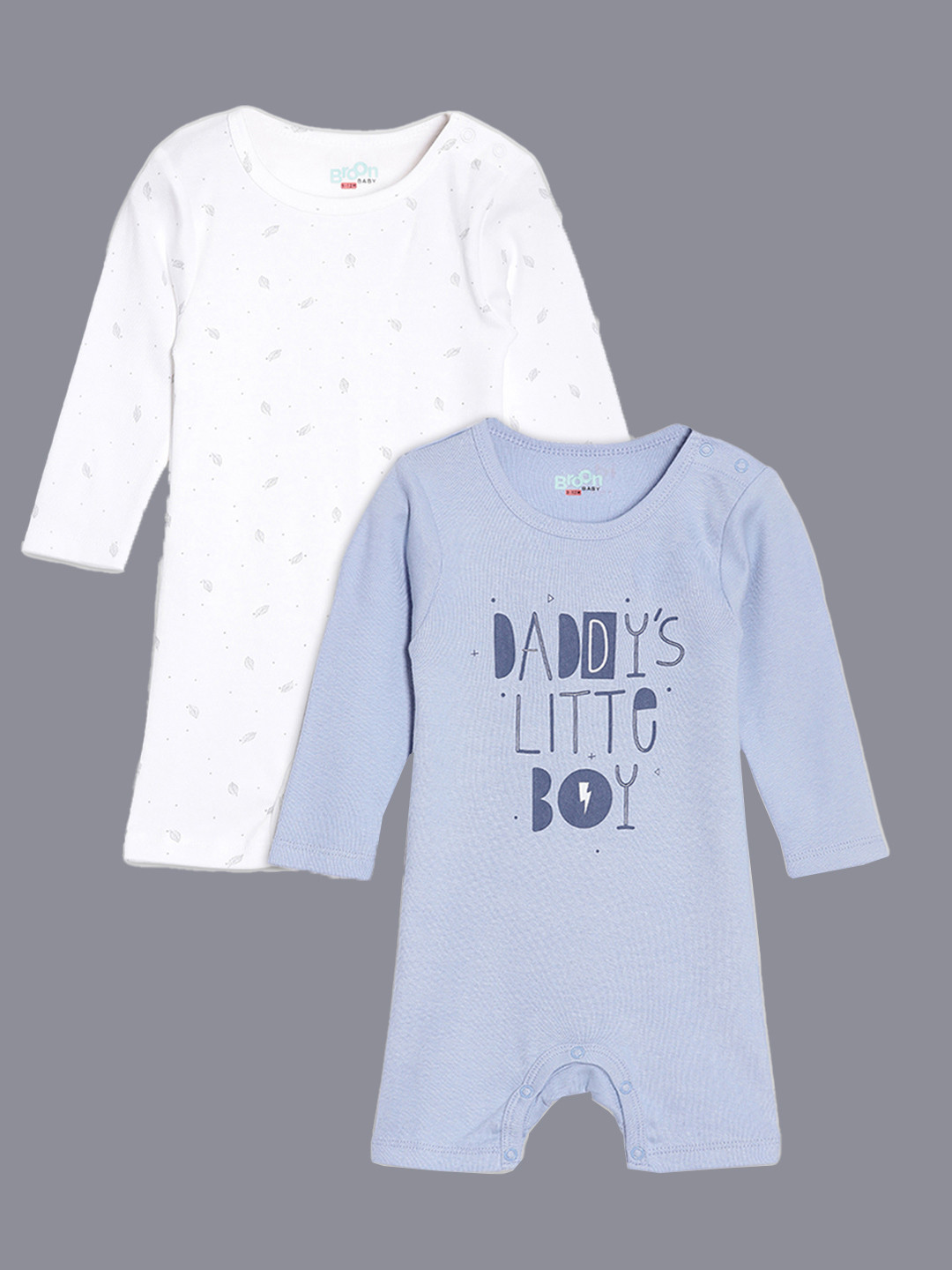 Broon Infant Boys Pack Of 2 Blue and White Printed Pure Organic Cotton Rompers
