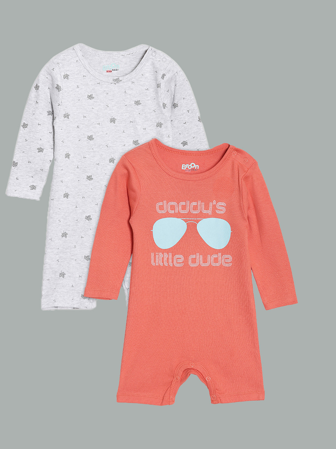 Broon Infant Boys Pack of 2 Orange and Grey Melange Printed Pure Organic Cotton Rompers