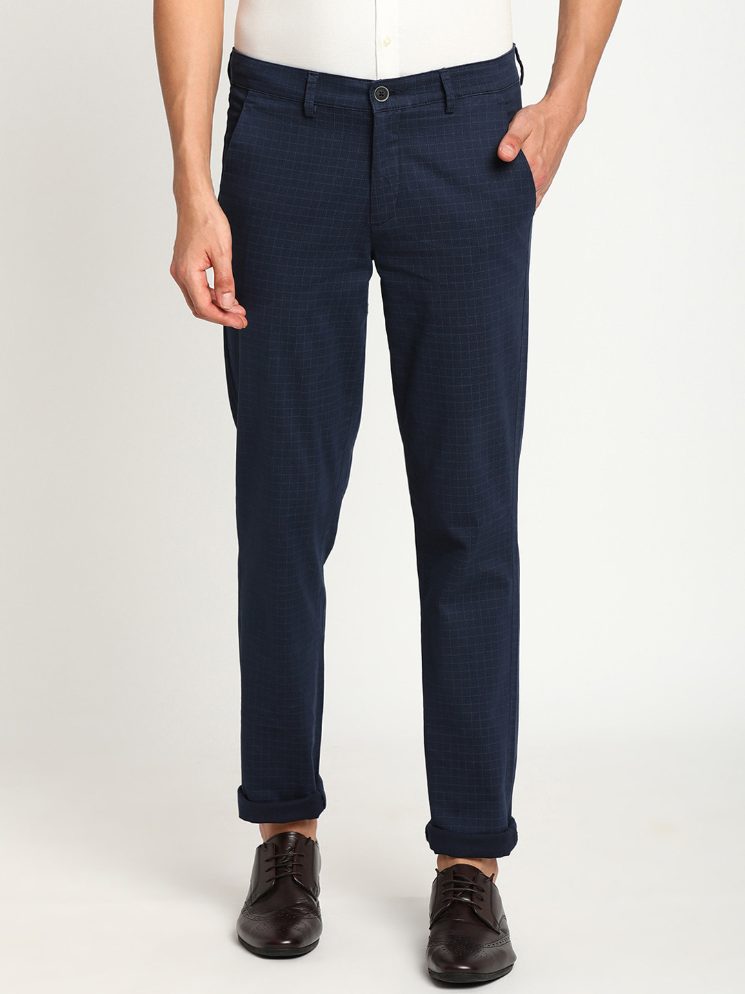 Turtle Men Navy Blue Textured Checked Skinny Fit Trouser