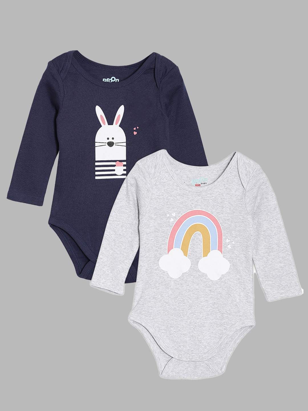 Broon Girls Pack Of 2 Navy Blue & Grey Printed Cotton Bodysuit