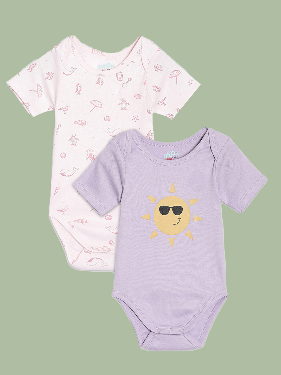 Broon Infant Girls Pink And Purple Pack Of 2 Printed Pure Cotton Bodysuits