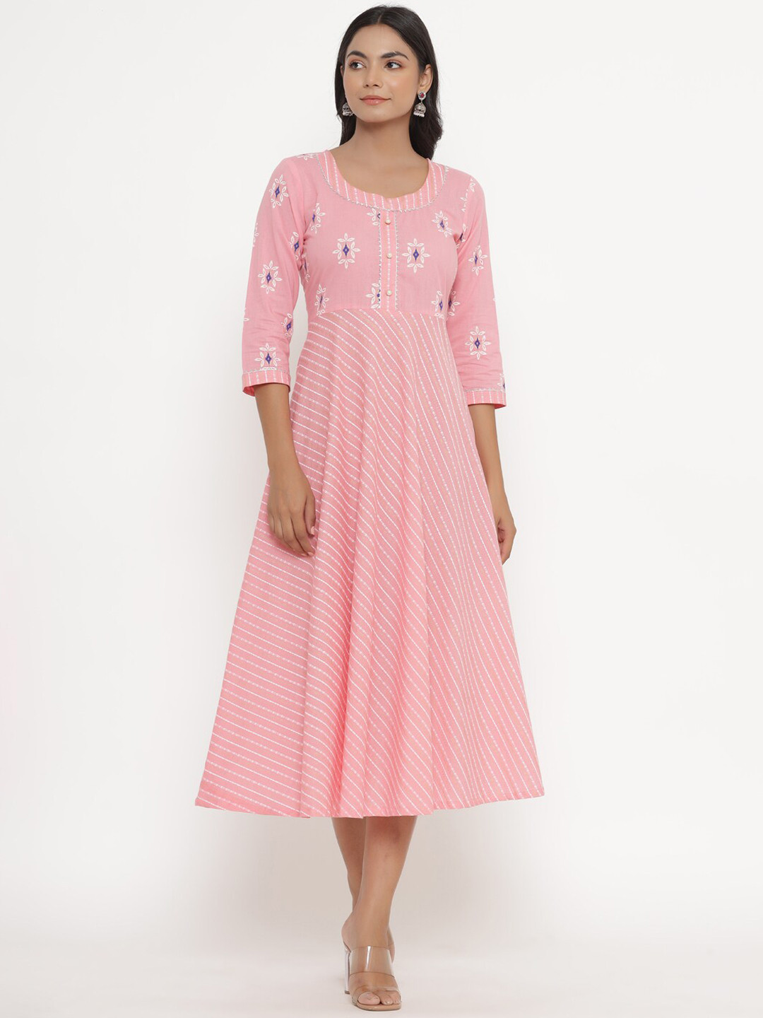 PARCHHAI Women Pink Ethnic Motifs Printed Thread Work Anarkali Kurta