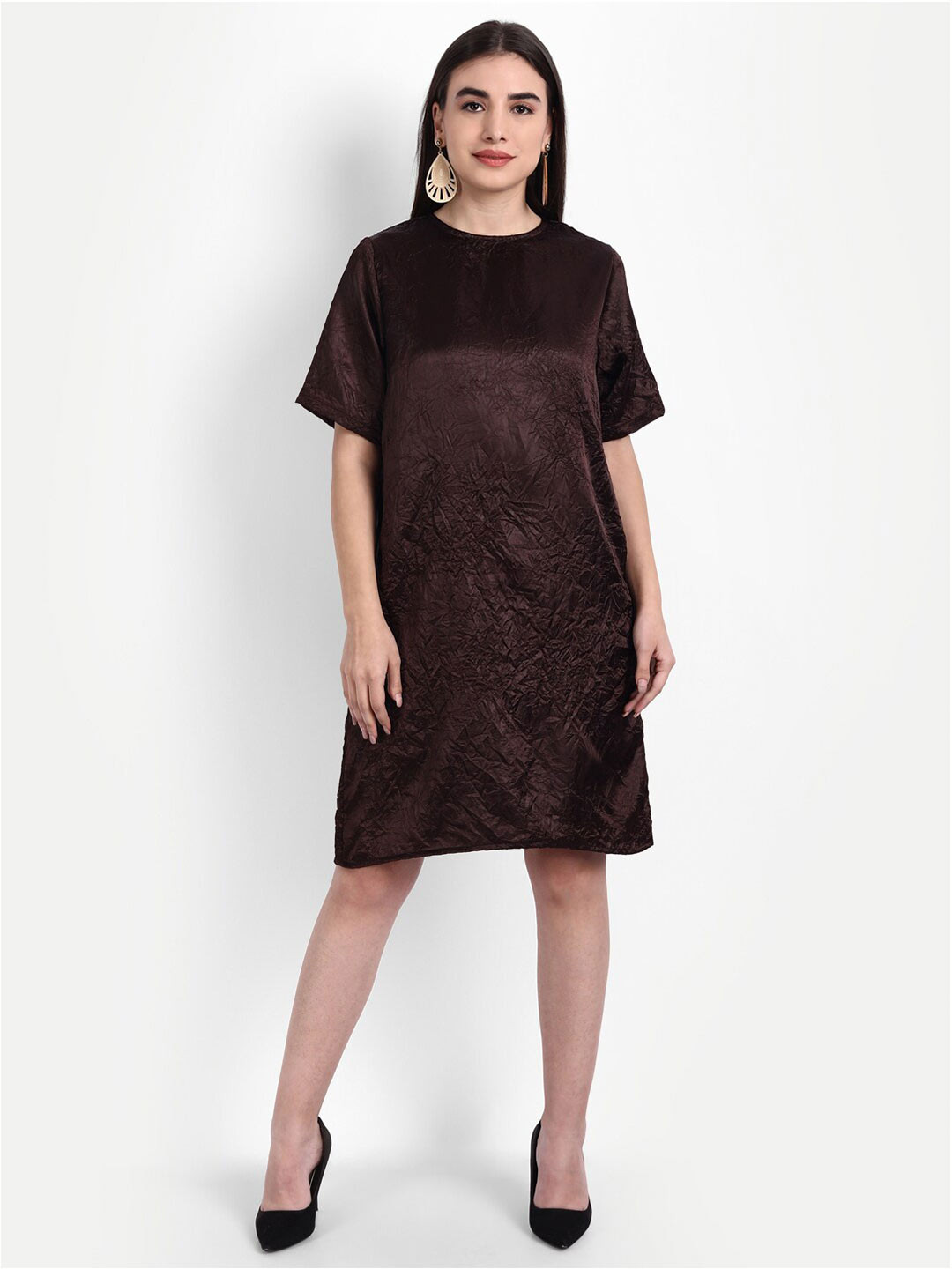 Rediscover Fashion Brown Crush Satin A-Line Dress