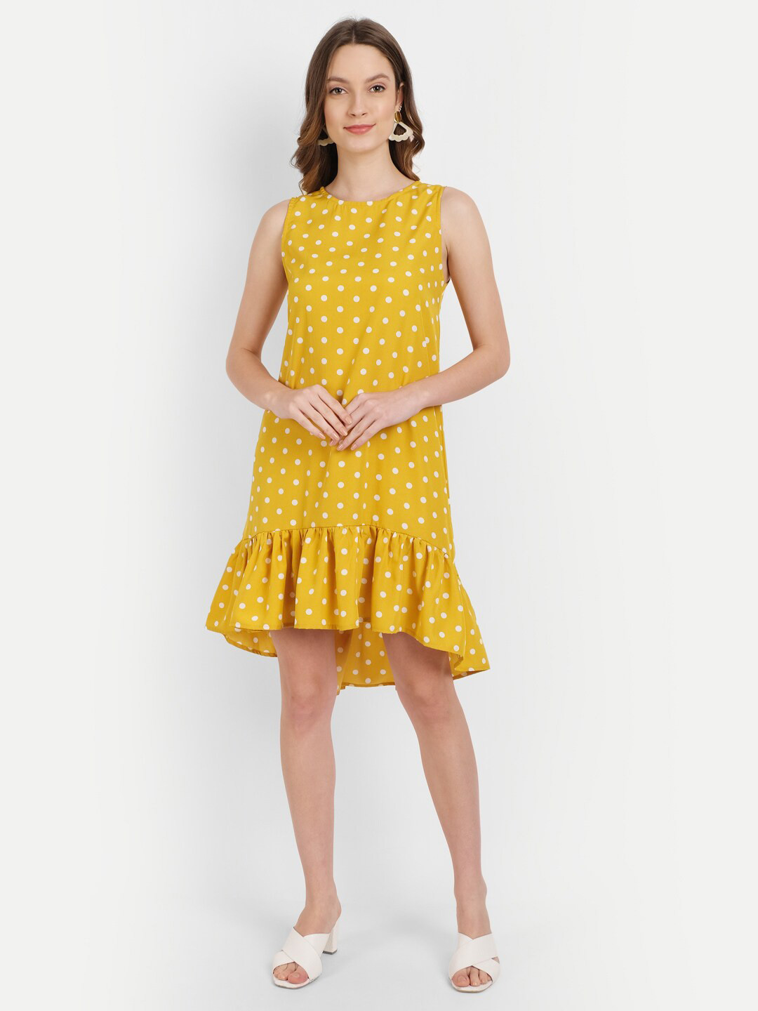 Rediscover Fashion women Mustard Yellow Sleeveless Polka Dot Frill dress