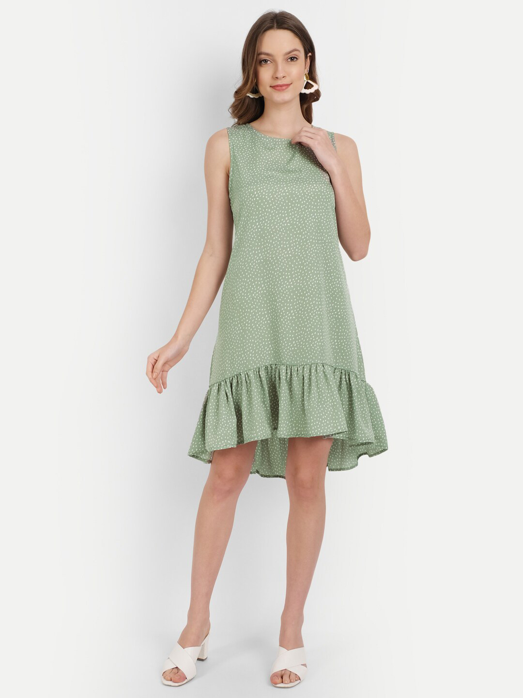 Rediscover Fashion Women Green Crepe Sleeveless Polka dot Frill dress