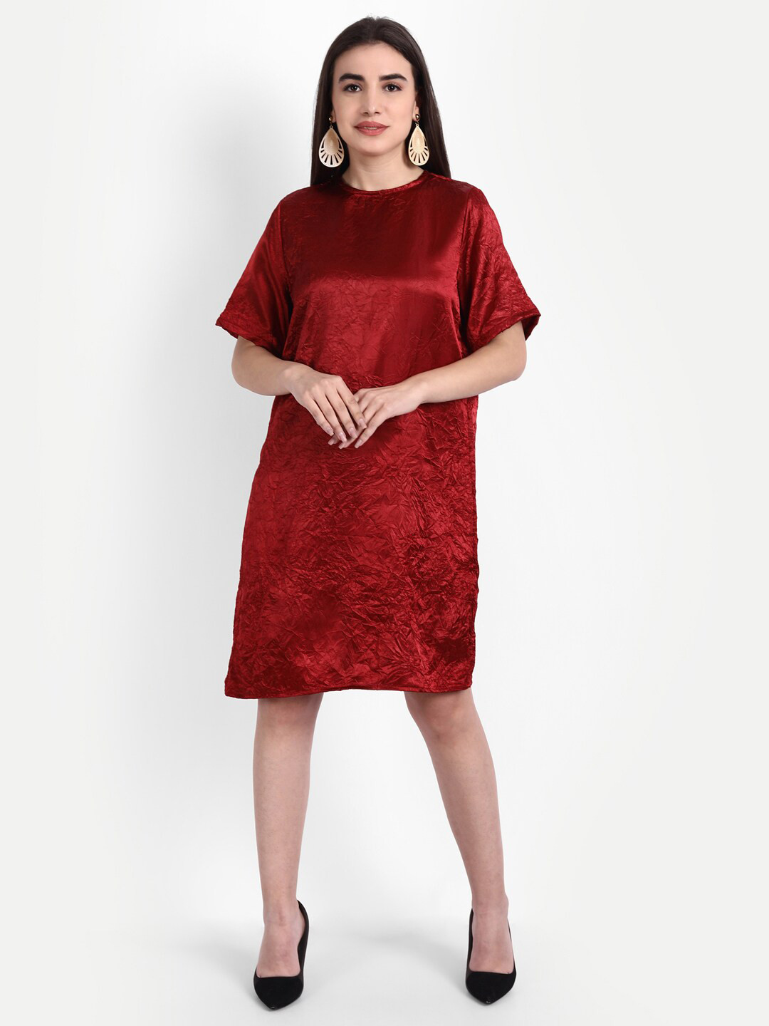 Rediscover Fashion Maroon Solid Crush Satin T-shirt Dress
